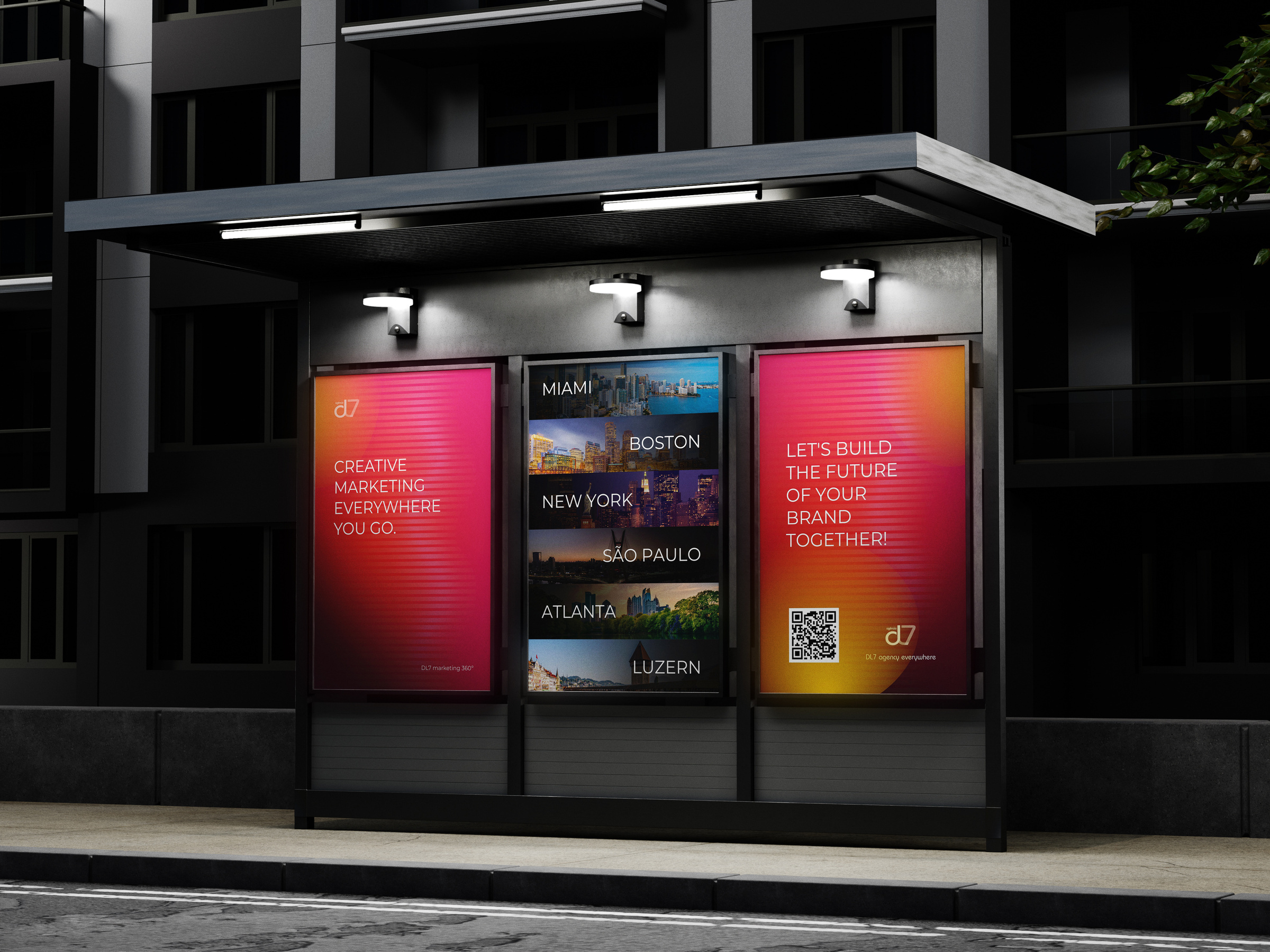 Campanha DL7 com painéis de marketing e imagens de Miami, Boston, New York, São Paulo, Atlanta e Luzern.